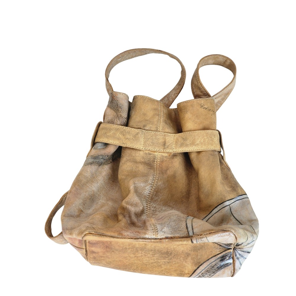 Botany Hand Painted Leather Bucket Bag Tan Artistic Crossbody Boho Vintage - Picture 3 of 7
